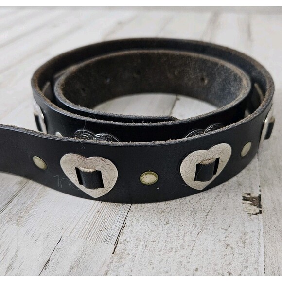 Harley Davidson Black Leather Belt 1989 Silver Heart Womens Buckle Size 34 - Picture 3 of 8